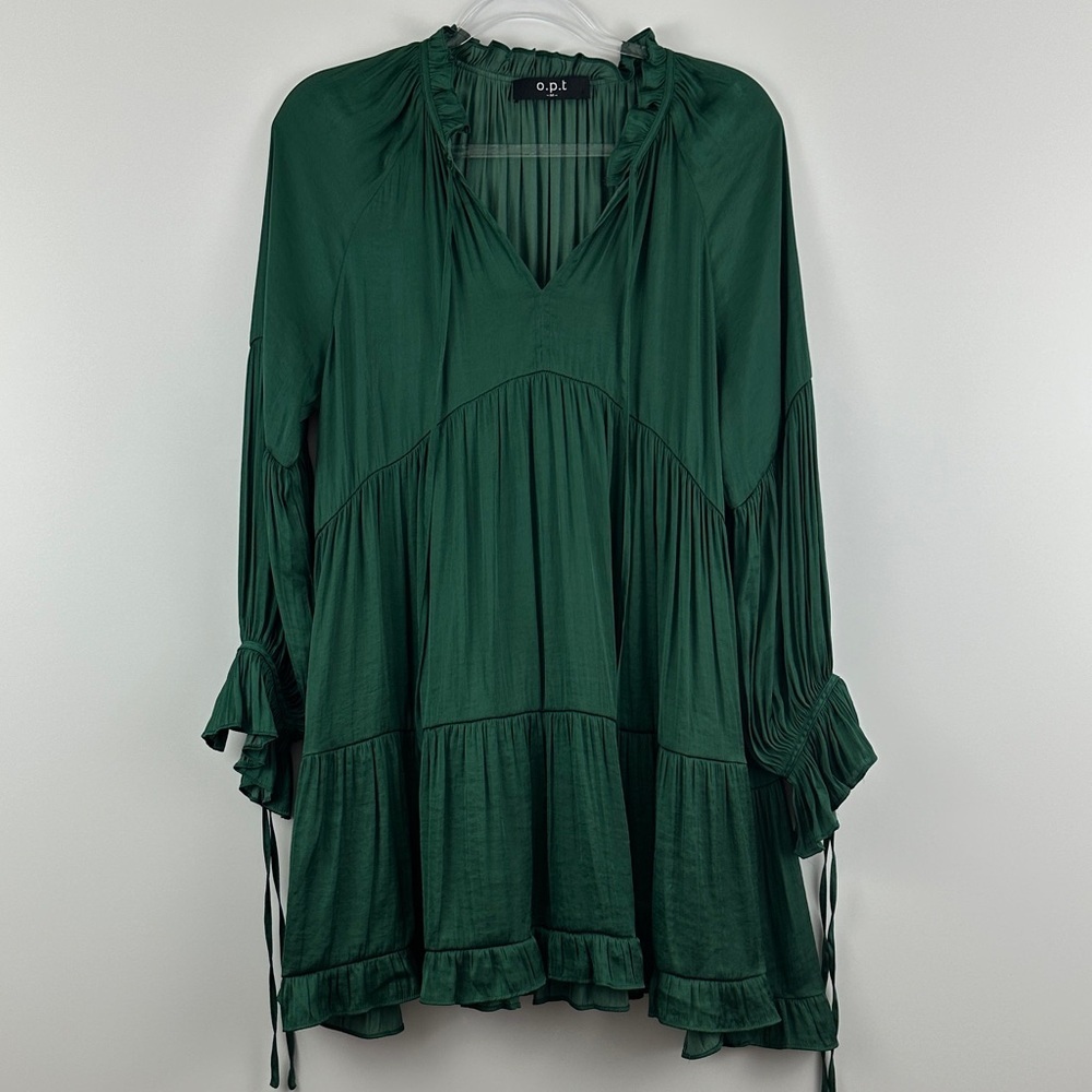 OPT Forest Green Satin Ruffle Tunic Dress Boho Tiered Mini M